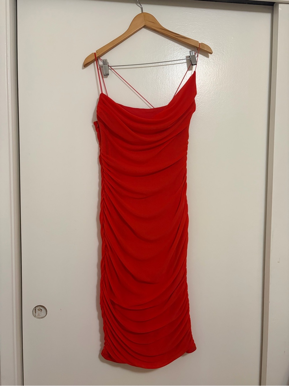 Oh Polly Red Bodycon Midi Dress with Delicate Asymmetric Straps - Picture 6 of 10